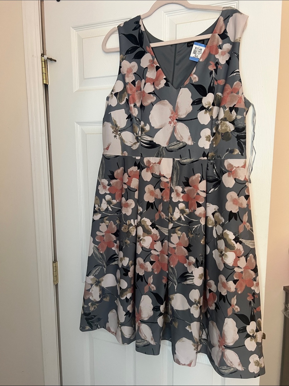 Lane Bryant Gray Floral Fit & Flare Dress with Pink and White Blooms